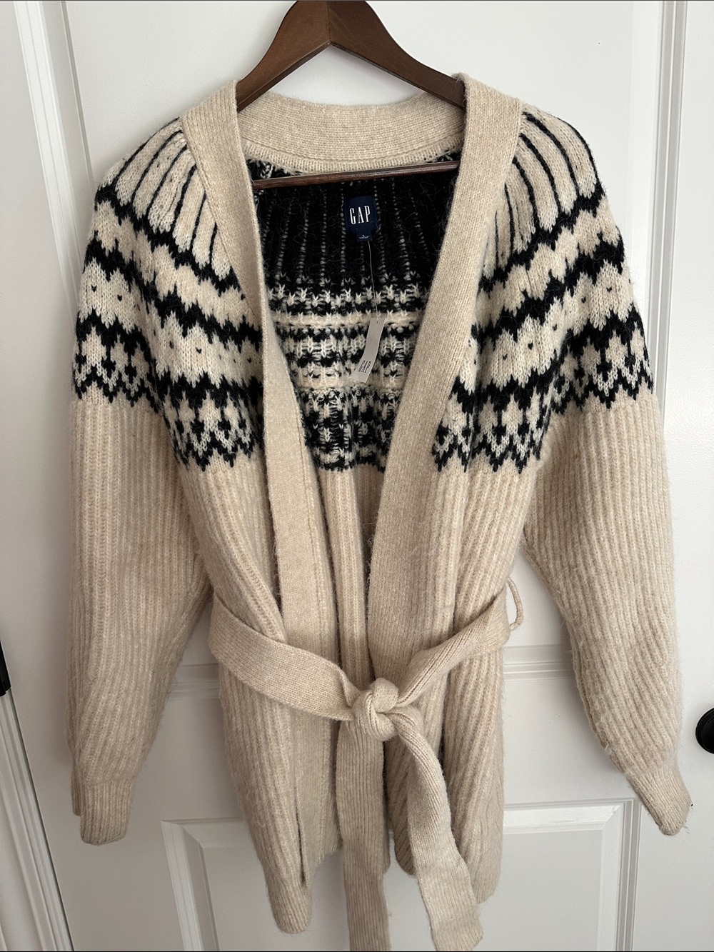 GAP Black and Beige Fair Isle Open Cardigan with Belt